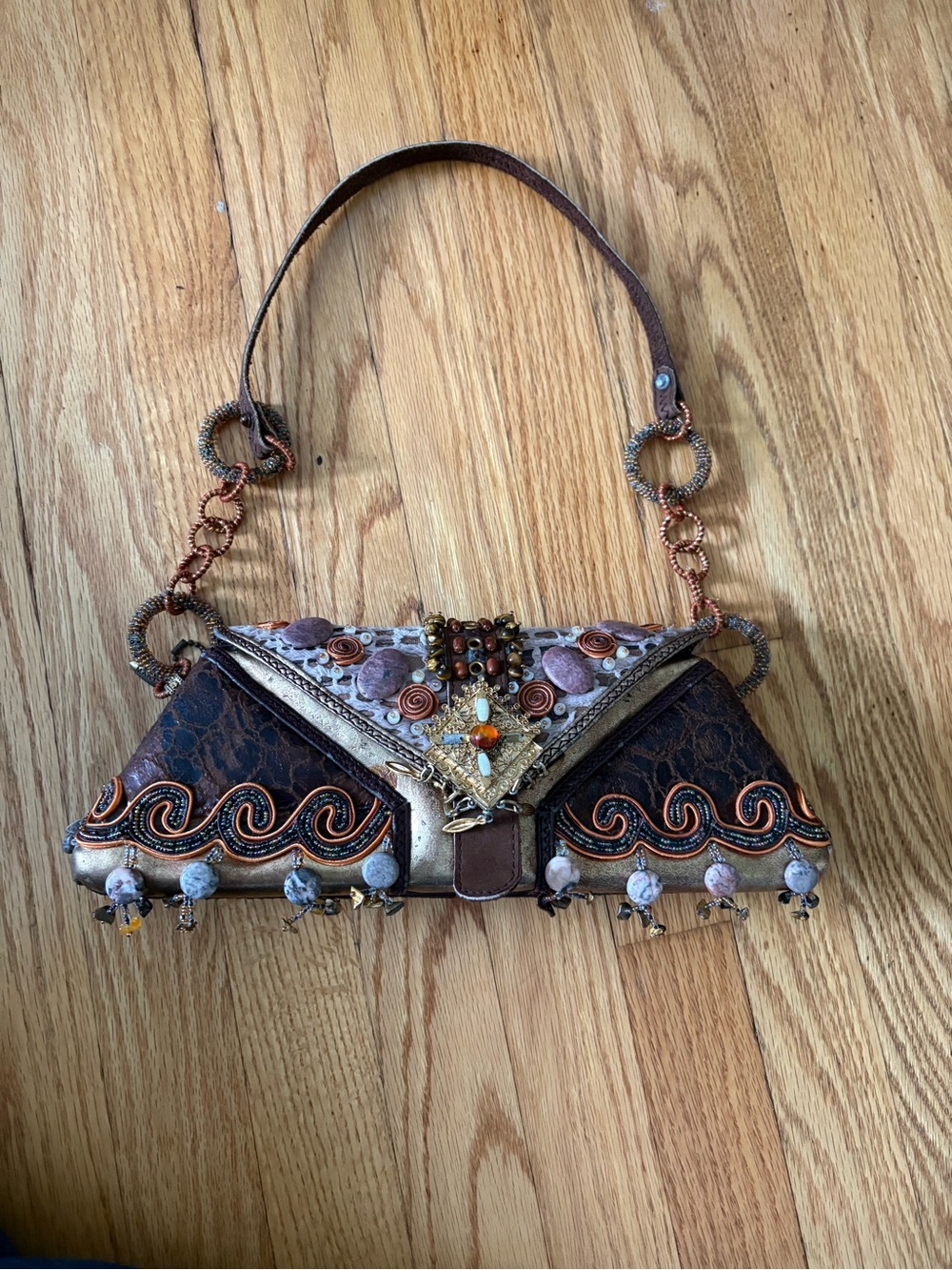 Mary Frances; Embellished Brown Beaded Women's Shoulder Bag